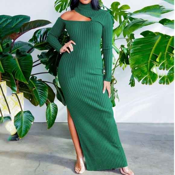 Dresses & Skirts - Ladies Sexy Open Show Slit Dress Turtleneck Strip Long Skirt